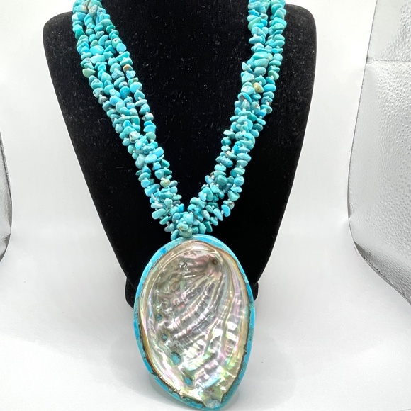 Sajen NWT Multi Strand Turquoise Large Mosaic Abalone Shell Pendant Necklace - Picture 1 of 11
